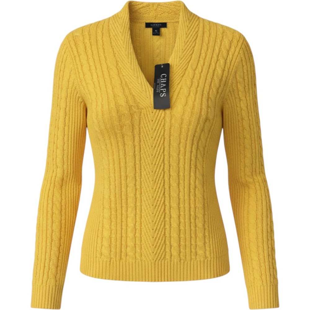 Chaps Women Dandelion Yellow Cable Knit Cotton V-Neck Sweater NWT Size M